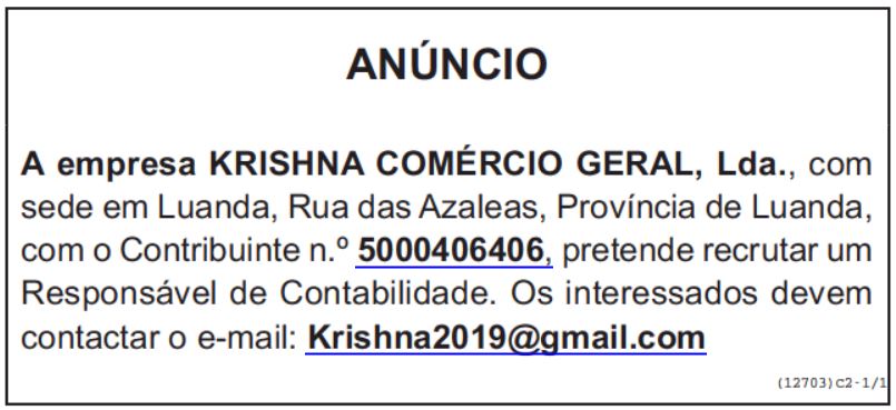 VAGA PARA RESPONSÁVEL DE CONTABILIDADE
