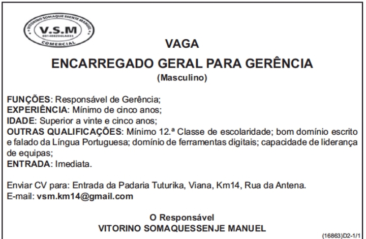 PRECISA-SE DE ENCARREGADO GERAL PARA GERÊNCIA 