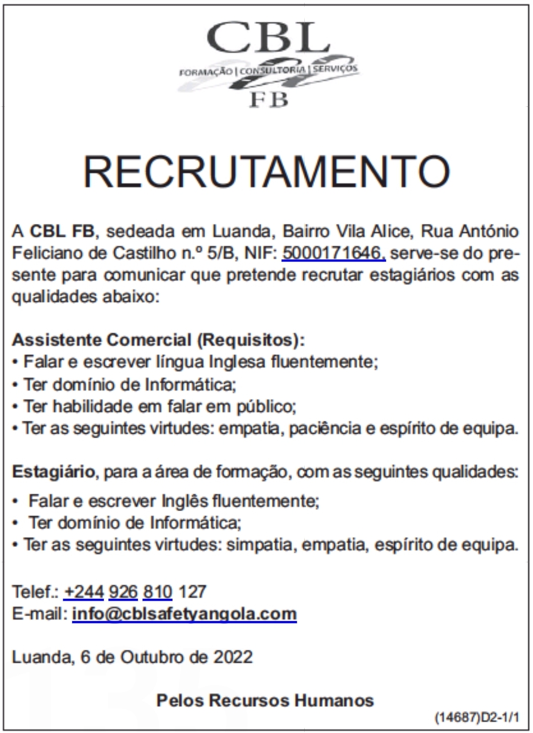 RECRUTAMENTO DE ESTAGIÁRIOS (ASSISTENTE COMERCIAL, ETC)