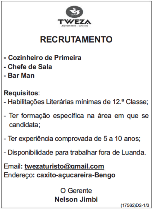 TRÊS (3) VAGAS DISPONÍVEIS NA TWEZA