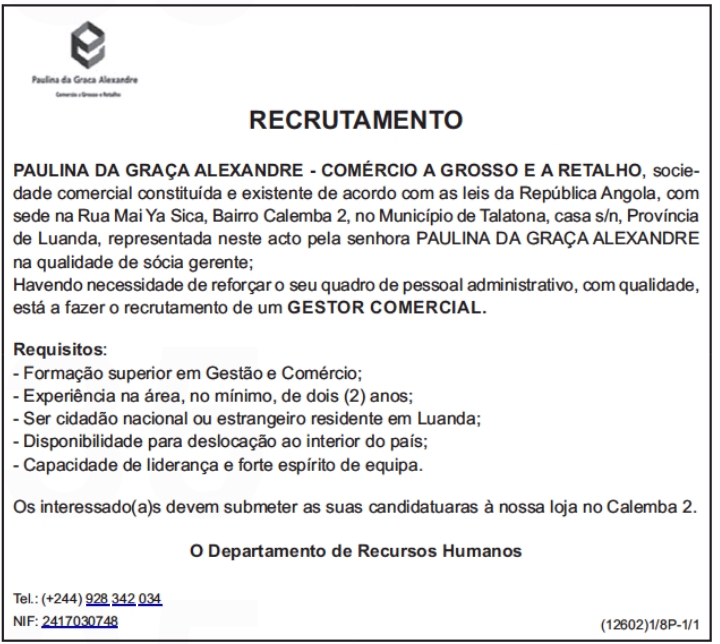 VAGA PARA GESTOR COMERCIAL. 