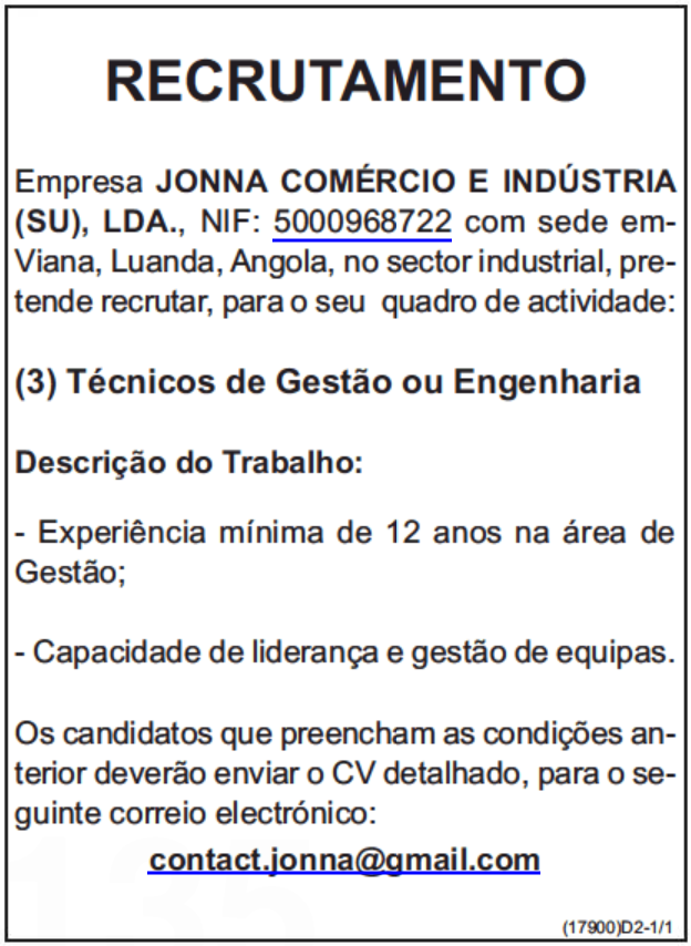 Vaga Para (3) Técnicos De Gestão Ou Engenharia 