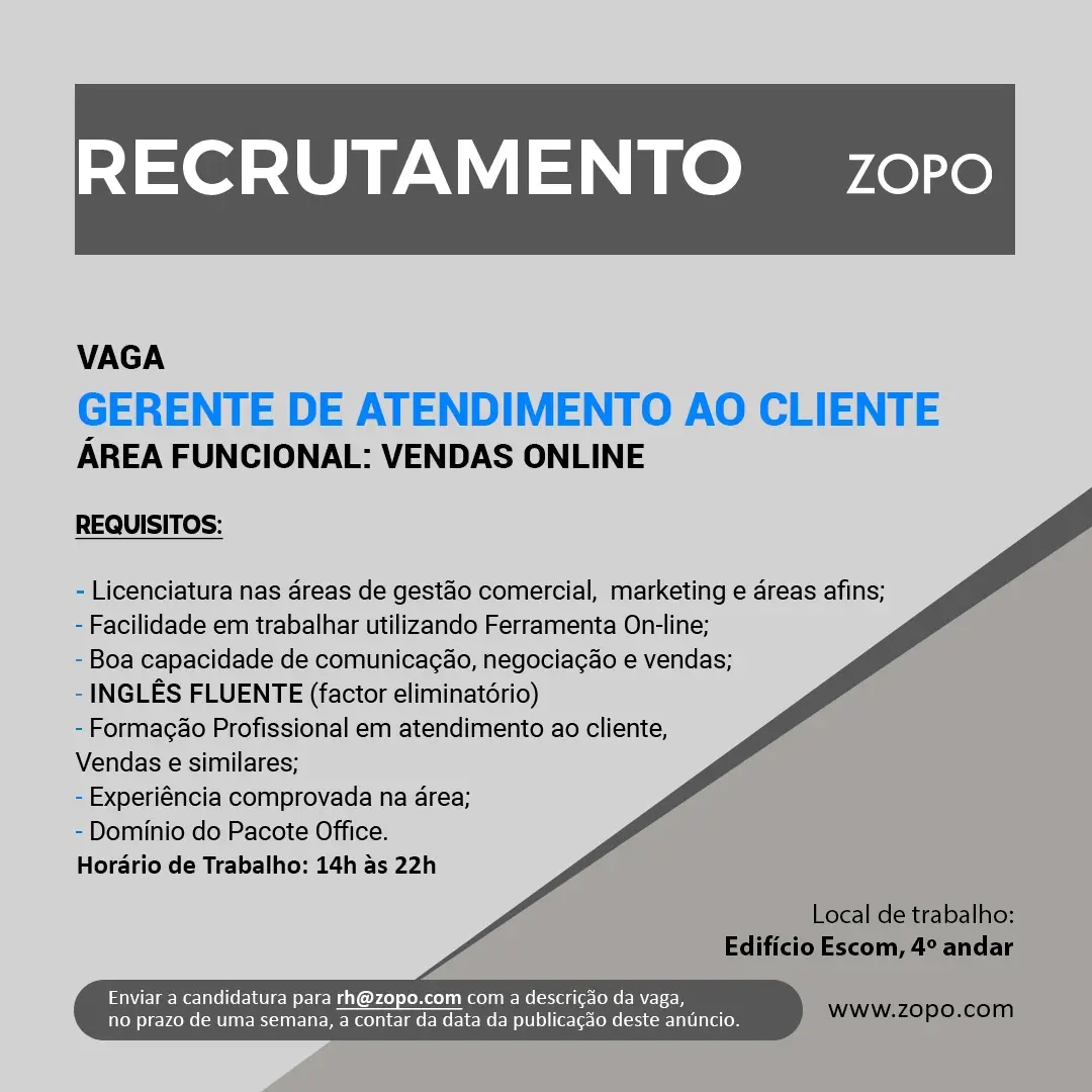 Vaga para Gerente de Atendimento ao Cliente 