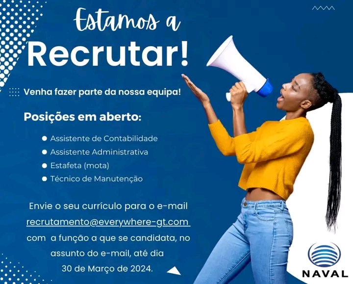 Vagas para Assistente de Contabilidade, Assistente Administrativa,  Estafeta (mota) , Técnico de Manutenção