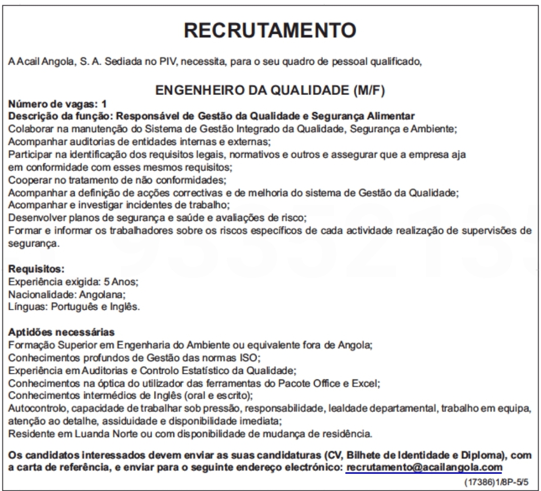 UMA (1) VAGA DISPONÍVEL PARA ENGENHEIRO DA QUALIDADE (M/F) 