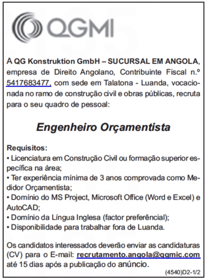 Vaga para Engenheiro Orçamentista 