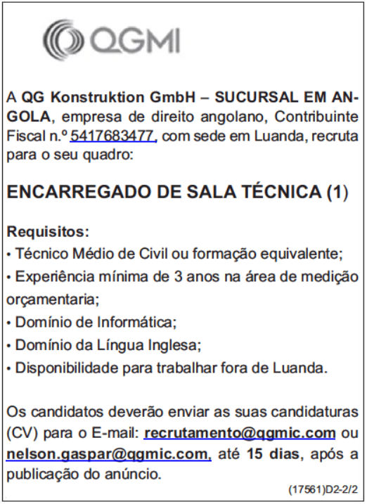 VAGA PARA UM (1) ENCARREGADO DE SALA TÉCNICA