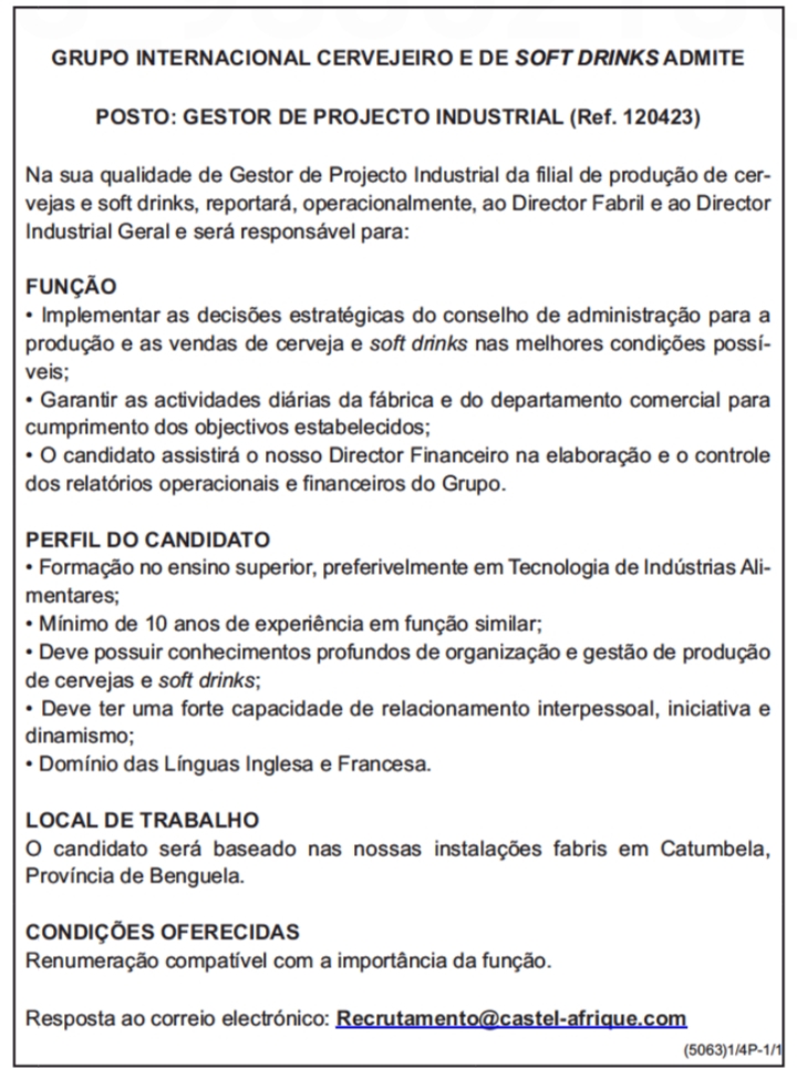 VAGA PARA GESTOR DE PROJECTO INDUSTRIAL