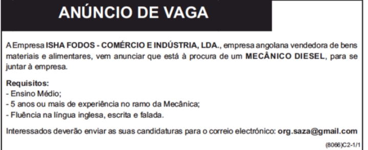 VAGA PARA UM(1) MECÁNICO DIESEL