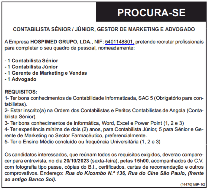 Vagas para Contabilistas (Júnior e Sénior), Advogado e Gerente de Marketing e Vendas