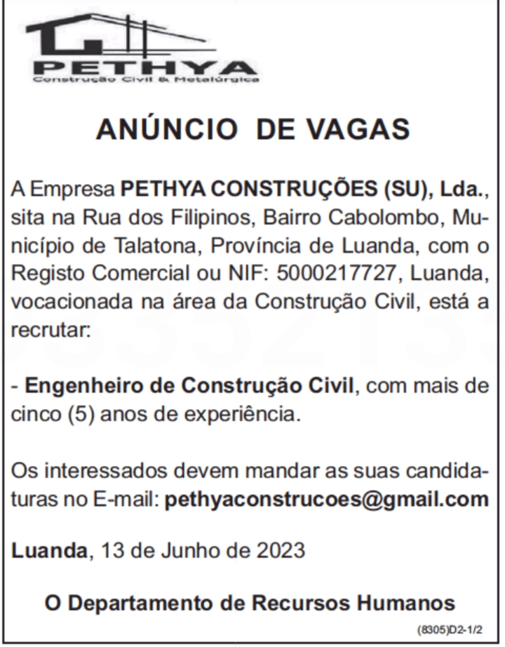 Vaga para Engenheiro de Construção Civil