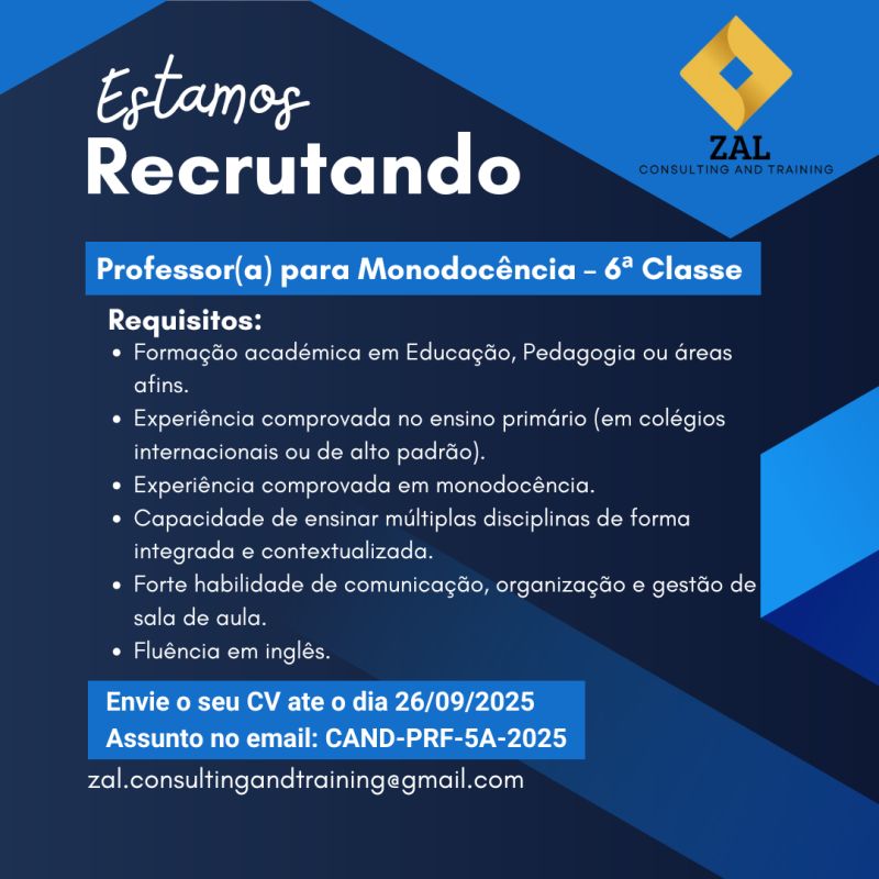 Vaga Para Professor(a) para Monodocência – 6ª Classe
