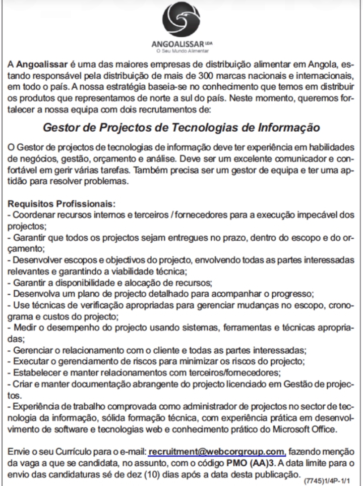 Oportunidade para Gestor de Projectos de Tecnologias de Informação