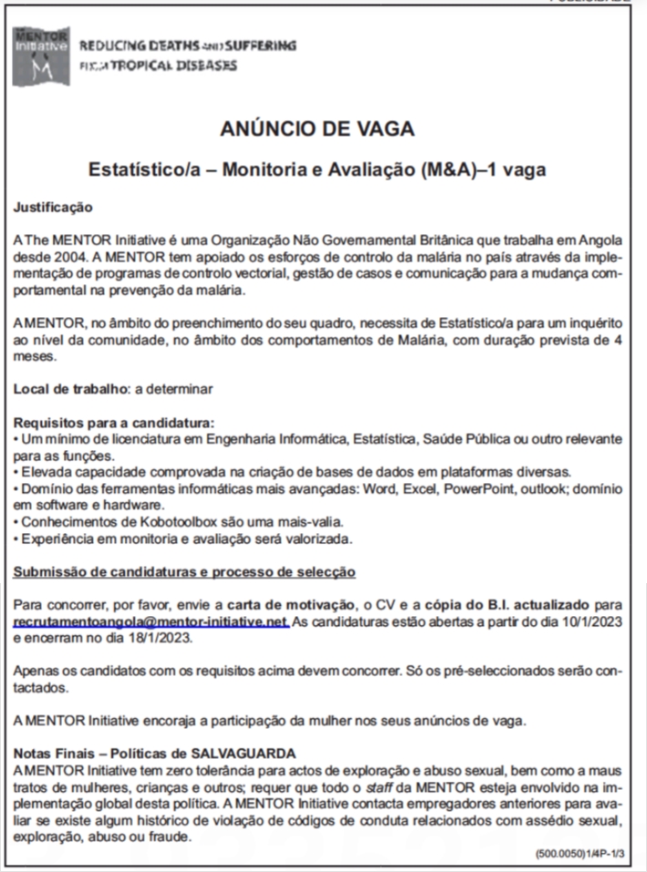 Vaga para Estatístico/a - Monitoria e Avaliação (M&A)