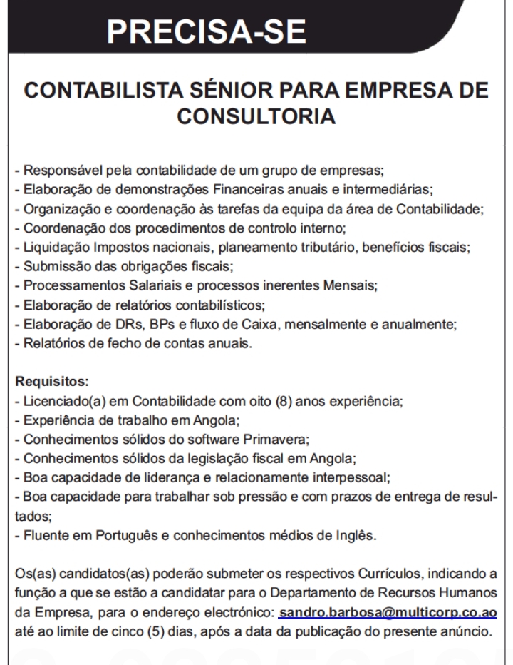 PRECISA-SE DE CONTABILISTA SÉNIOR PARA EMPRESA DE CONSULTORIA 