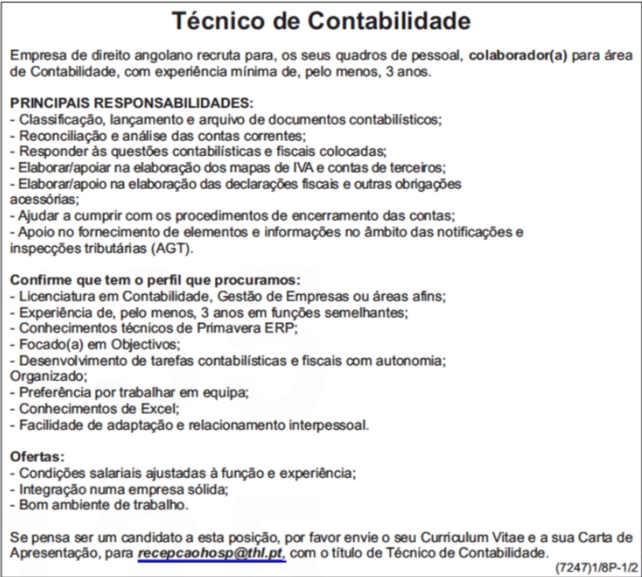 VAGA PARA TÉCNICO DE CONTABILIDADE  