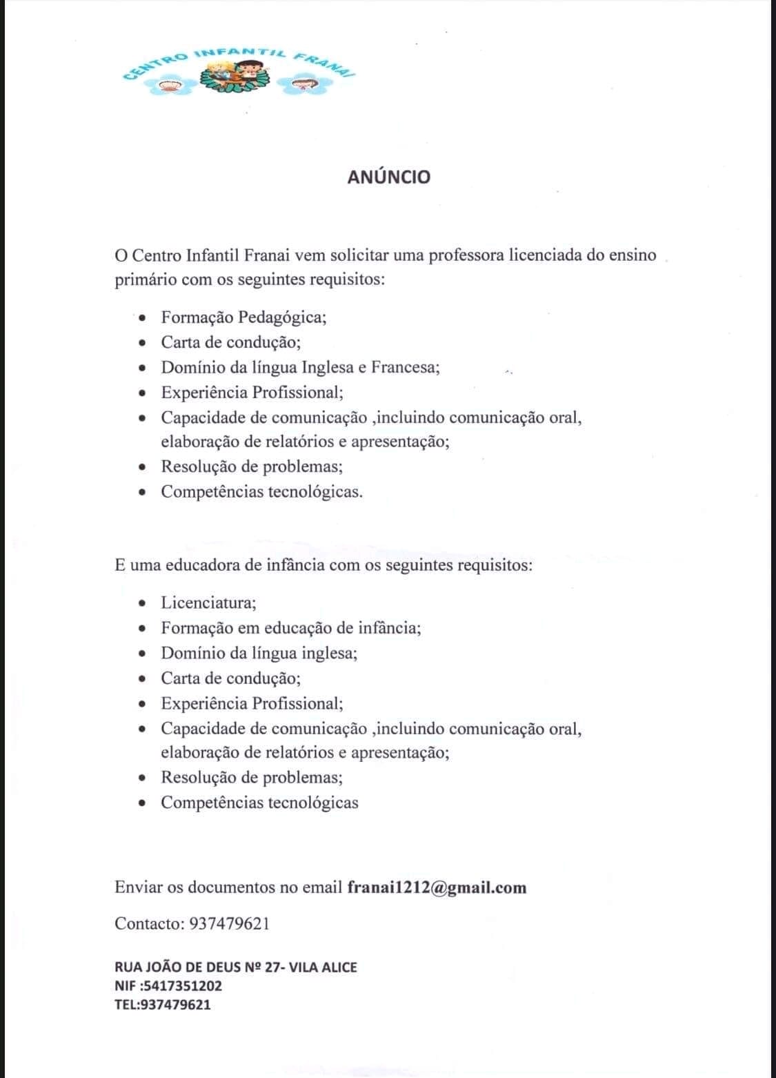 Vagas disponíveis  para uma (1) Professora Licenciada do Ensino Primário &  Educadora de Infância