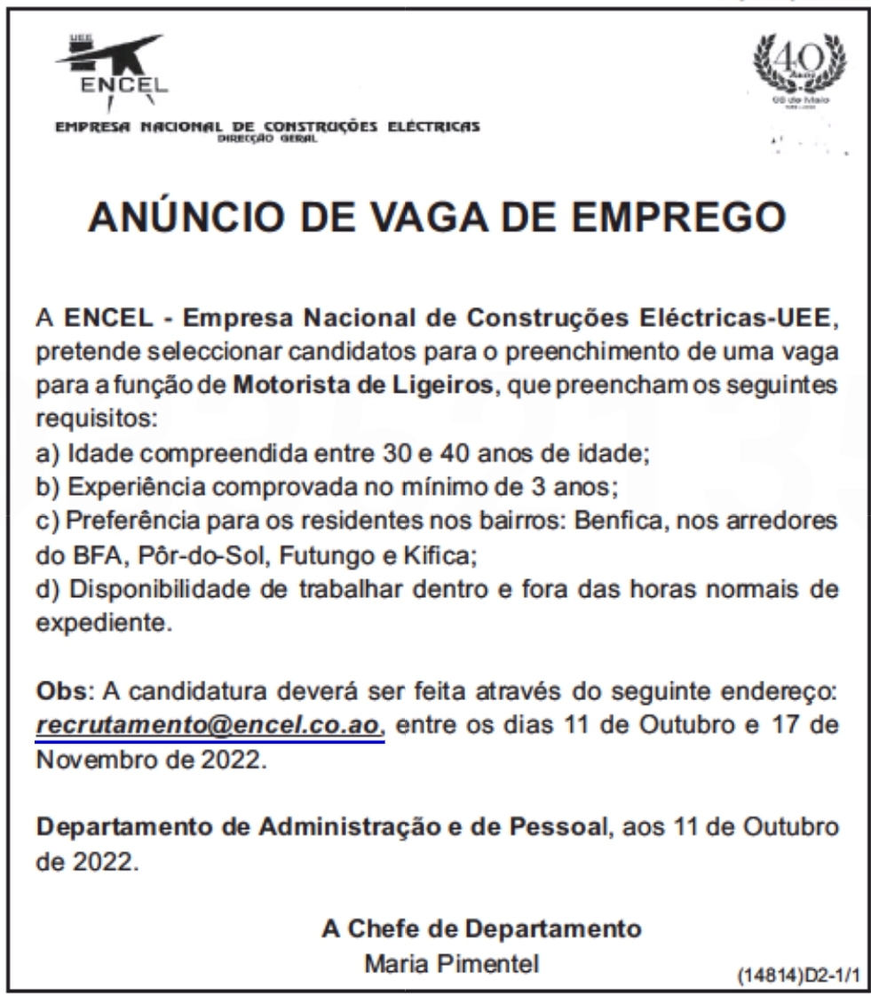 VAGA PARA MOTORISTA DE LIGEIROS