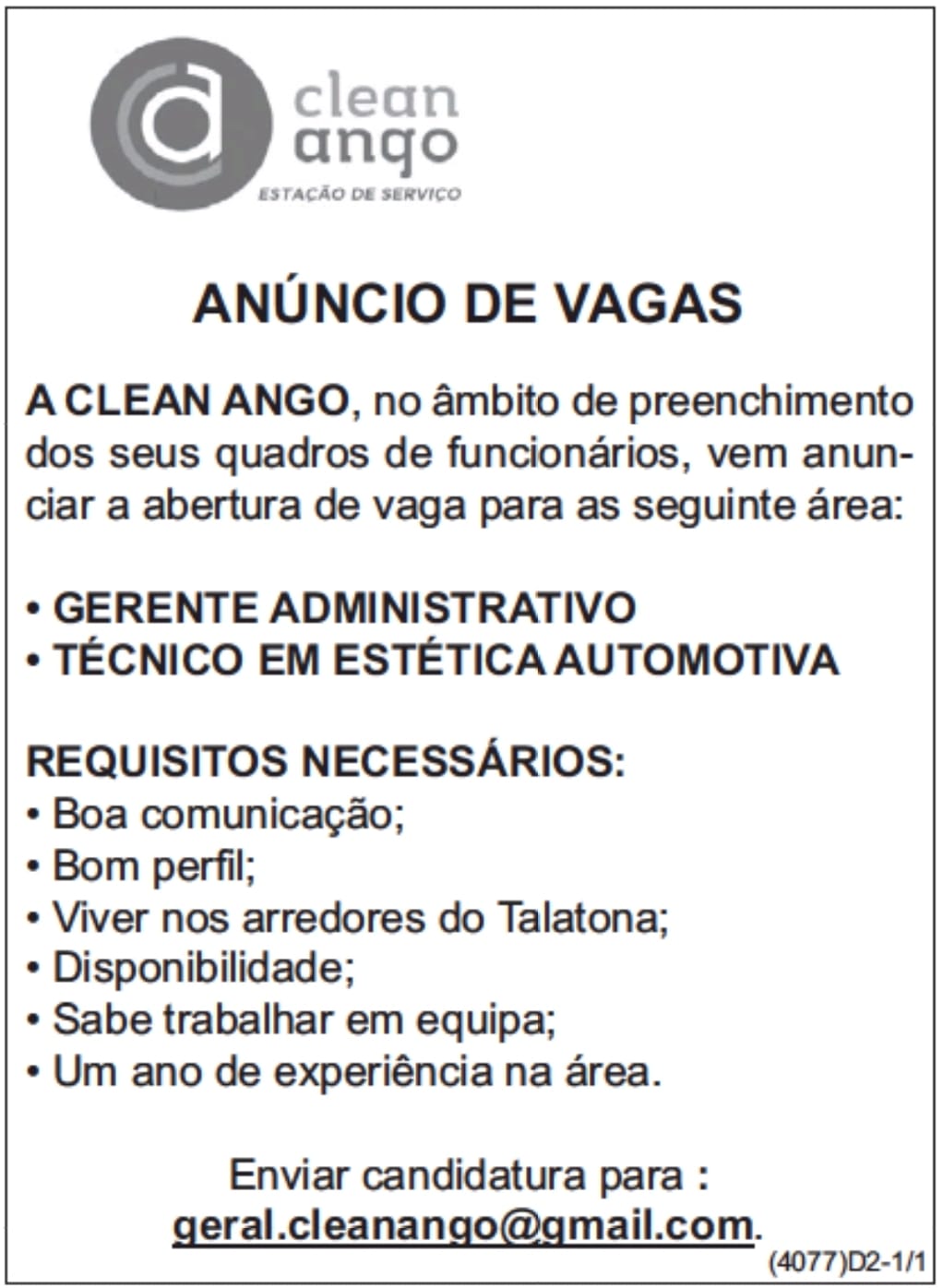 VAGA PARA GERENTE ADMINISTRATIVO & TÉCNICO EM ESTÉTICA AUTOMOTIVA