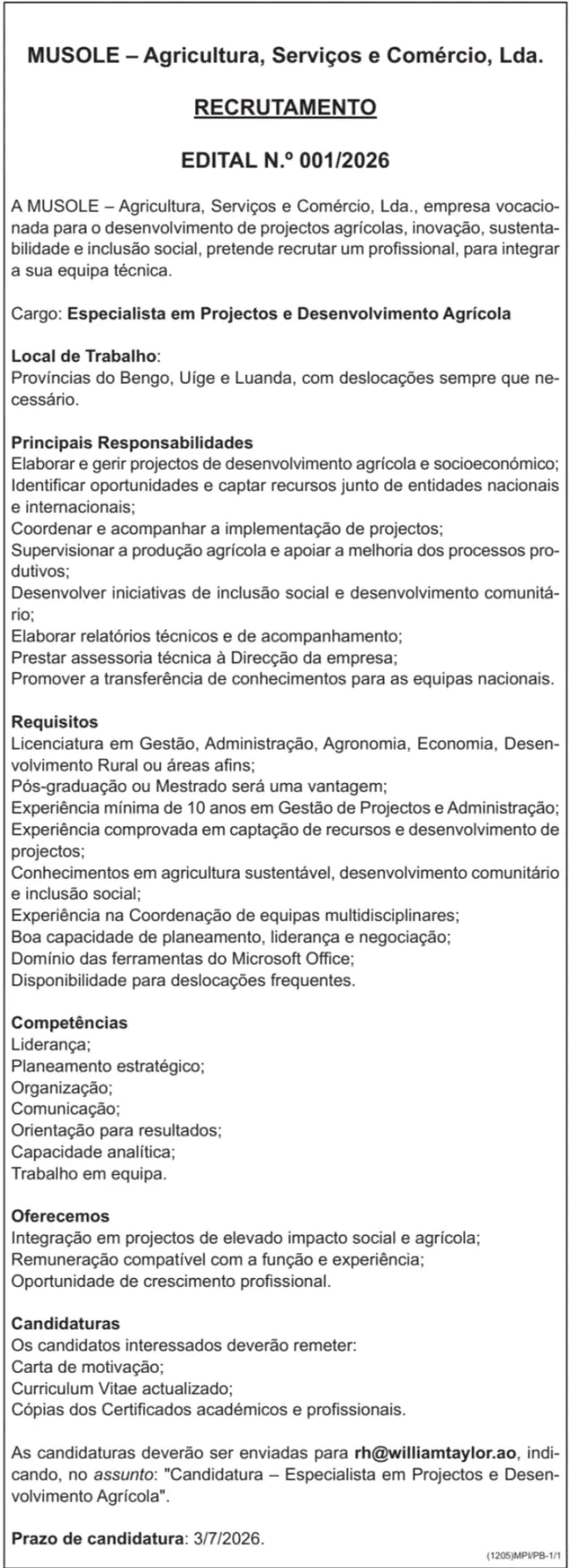 Vaga para Especialista em Projectos e Desenvolvimento Agrícola