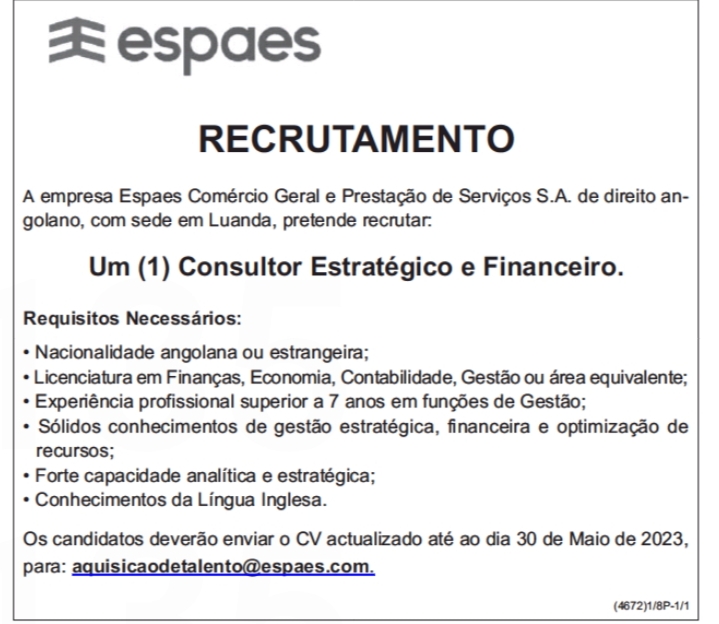 Vaga para Um (1) Consultor Estratégico e Financeiro