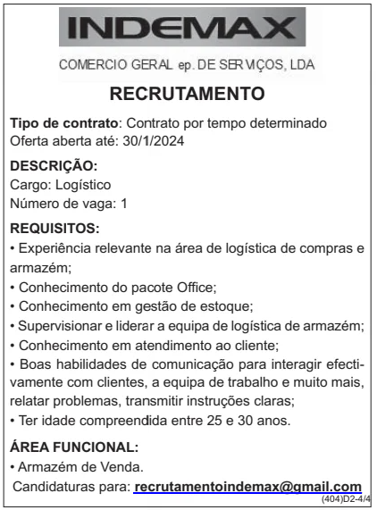 Vaga para Logístico na INDEMAX