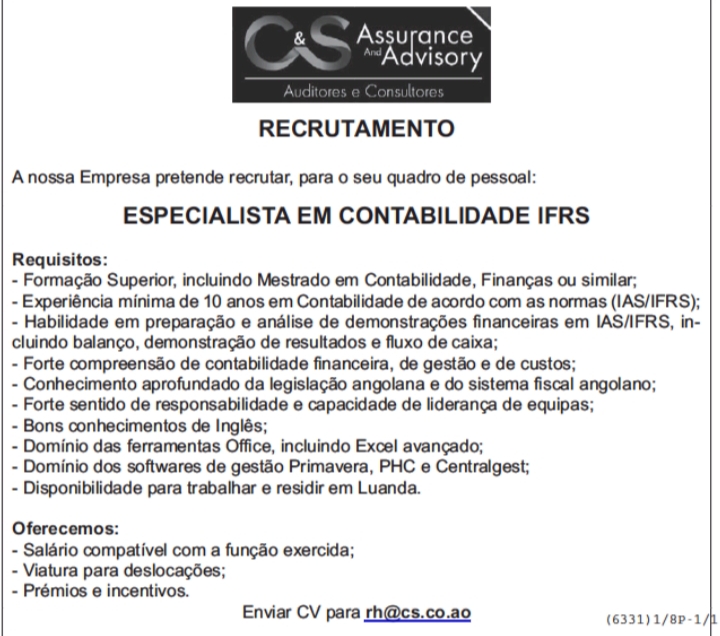 VAGA PARA ESPECIALISTA EM CONTABILIDADE IFRS 
