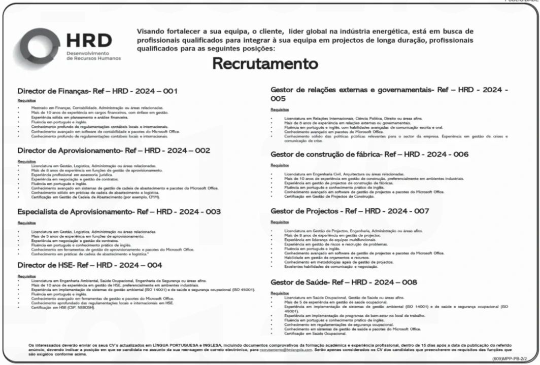 8 Vagas Disponíveis na HRD Angola
