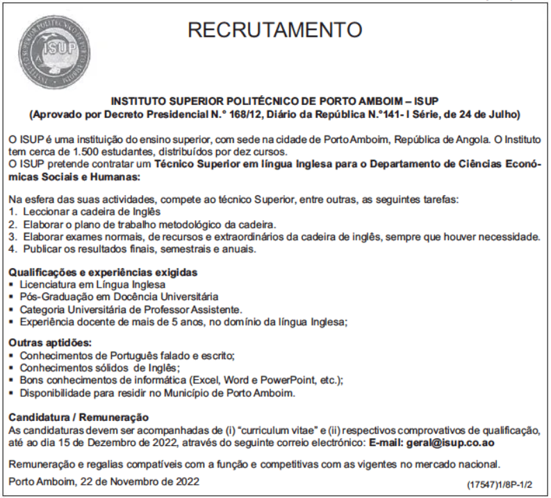 Precisa-se de Técnico Superior em língua Inglesa