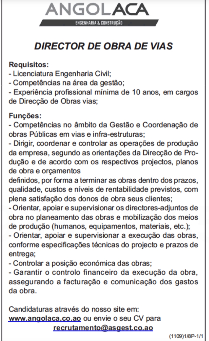 OPORTUNIDADE PARA DIRECTOR DE OBRA DE VIAS 