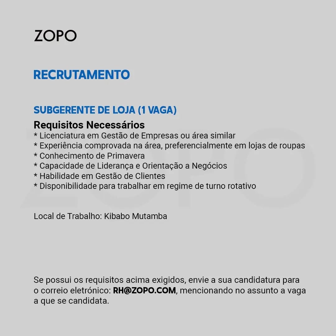VAGA PARA SUBGERENTE DE LOJA