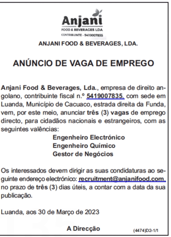 Vaga para Engenheiro Electrónico, Engenheiro Químico & Gestor de Negócios 