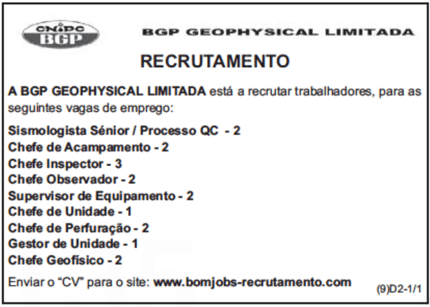 DEZASSETE (17) VAGAS DISPONÍVEIS NA BGP GEOPHYSICAL LIMITADA