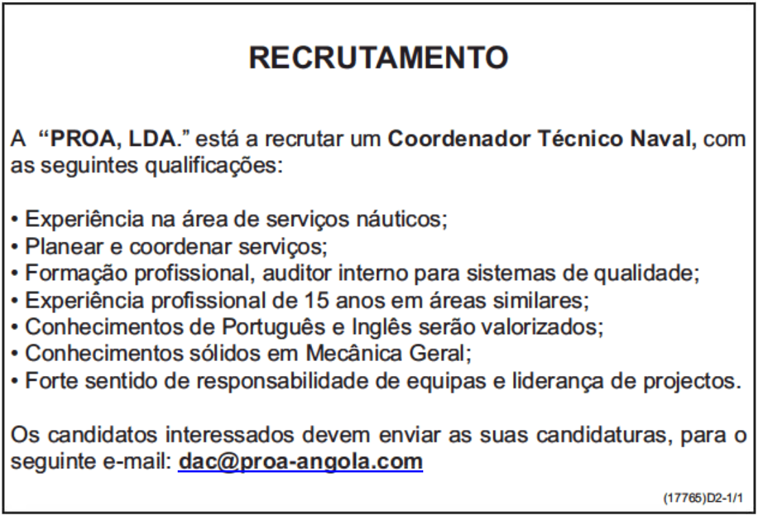 VAGA PARA UM (1) COORDENADOR TÉCNICO NAVAL