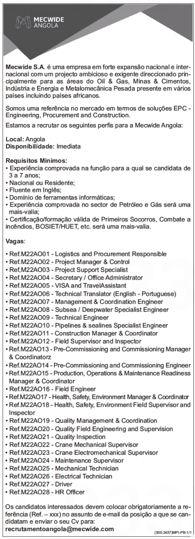 VÁRIAS VAGAS (MAIS DE 20) DISPONÍVEIS NA MECWIDE- ANGOLA 