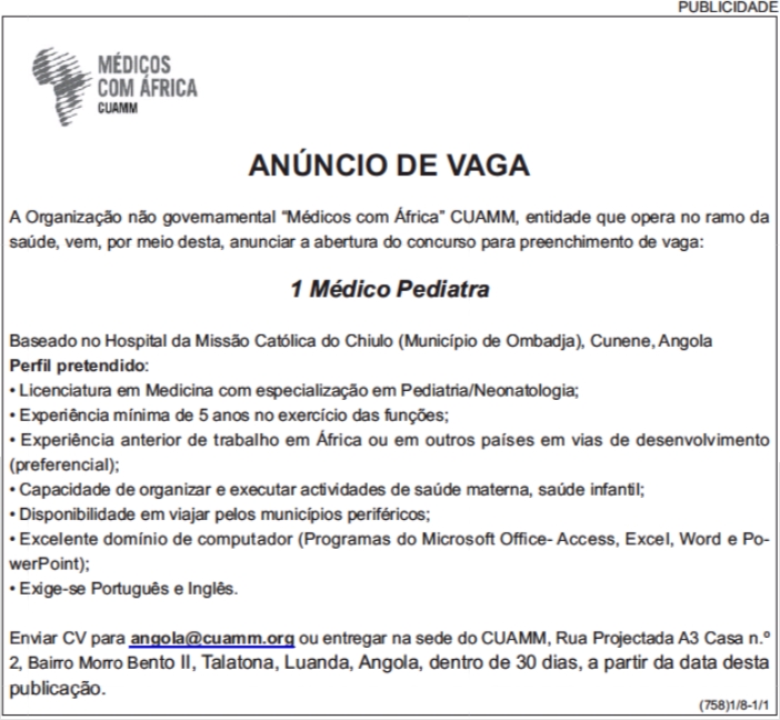 VAGA PARA UM (1) MÉDICO PEDIATRA