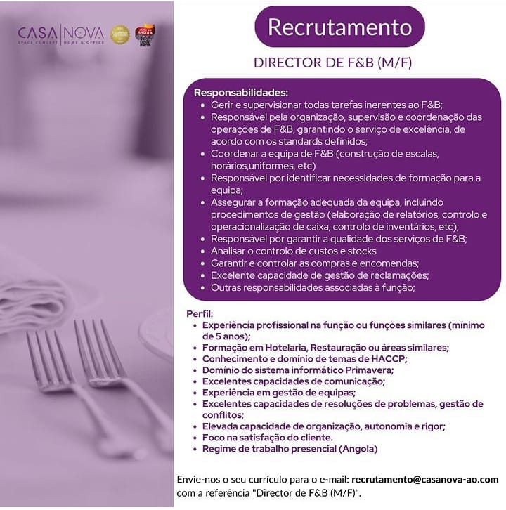 VAGA PARA DIRECTOR DE F&B (M/F) 