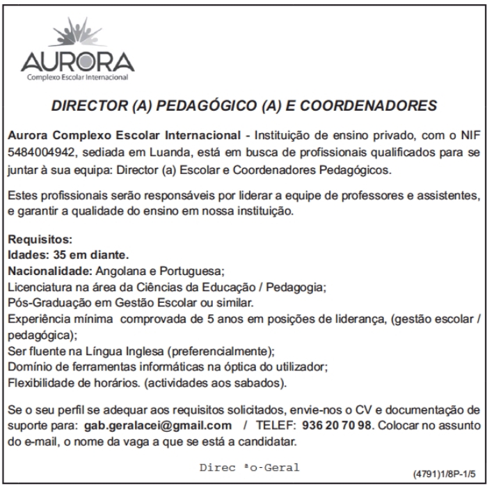Vaga Disponível para Director (a) Escolar e Coordenadores Pedagógicos