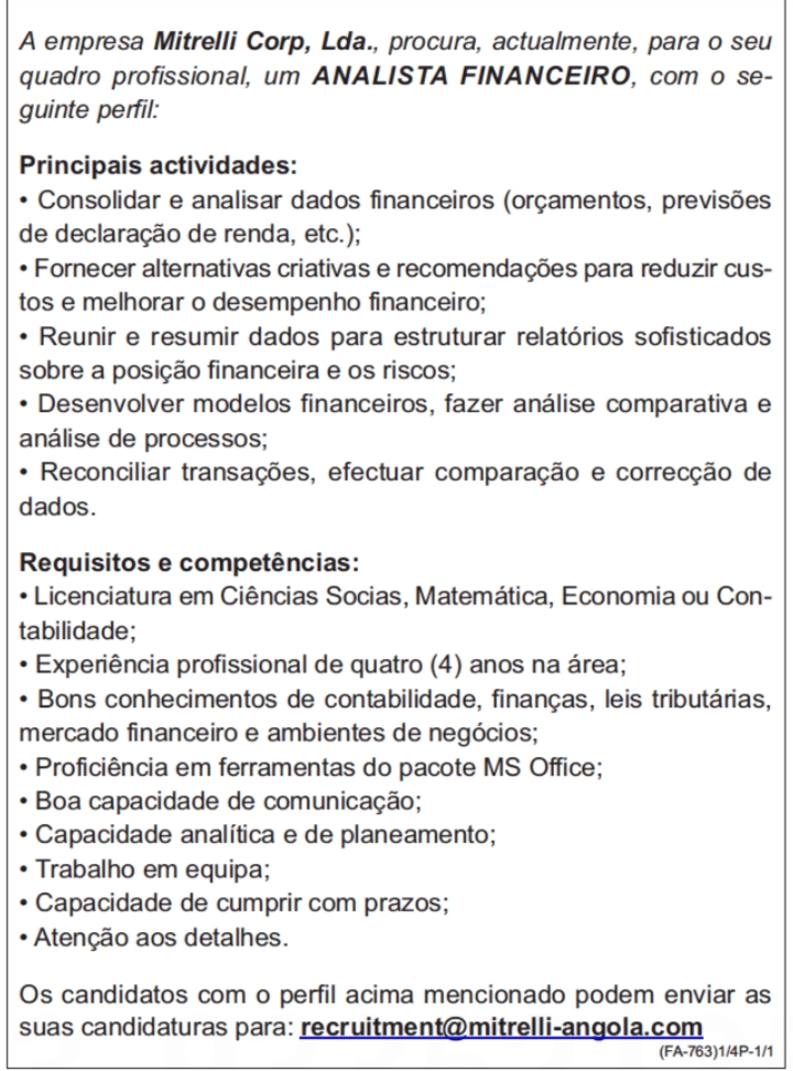 VAGA PARA ANALISTA FINANCEIRO