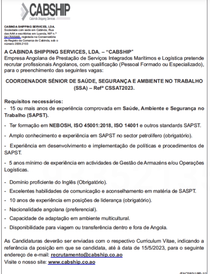 OPORTUNIDADE PARA COORDENADOR SÉNIOR DE SAÚDE, SEGURANÇA E AMBIENTE NO TRABALHO