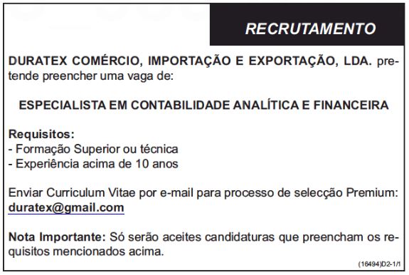 ESPECIALISTA EM CONTABILIDADE ANALÍTICA E FINANCEIRA