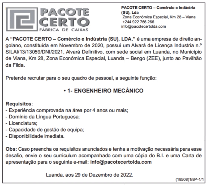 UMA (1) VAGA PARA ENGENHEIRO MECÂNICO