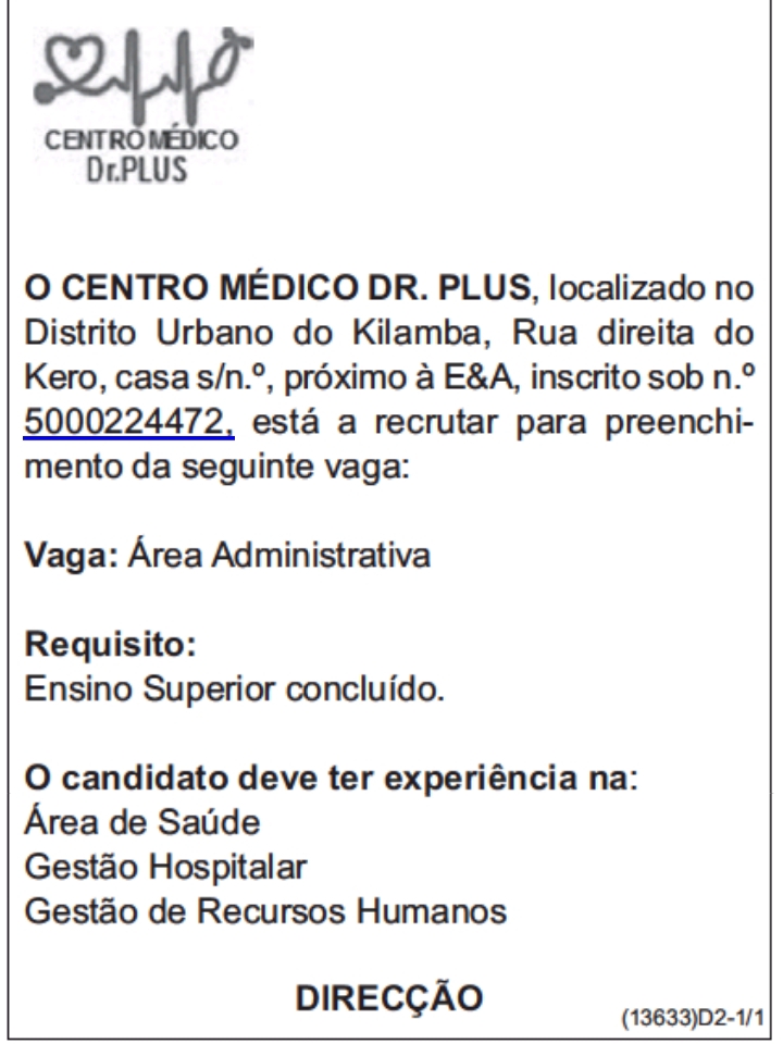 Vaga na área administrativa do CENTRO MÉDICO DR. PLUS