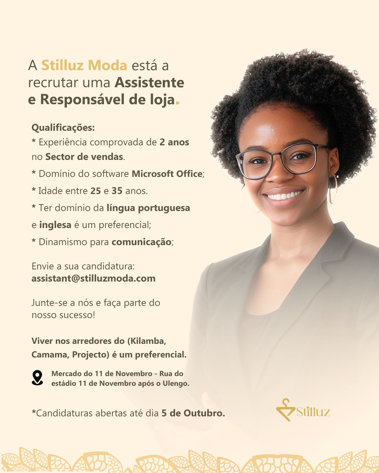 Oportunidade de emprego para uma(1) Assistente e Responsável de loja