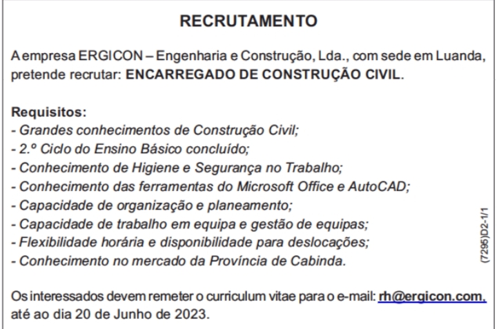 VAGA PARA  ENCARREGADO DE CONSTRUÇÃO CIVIL