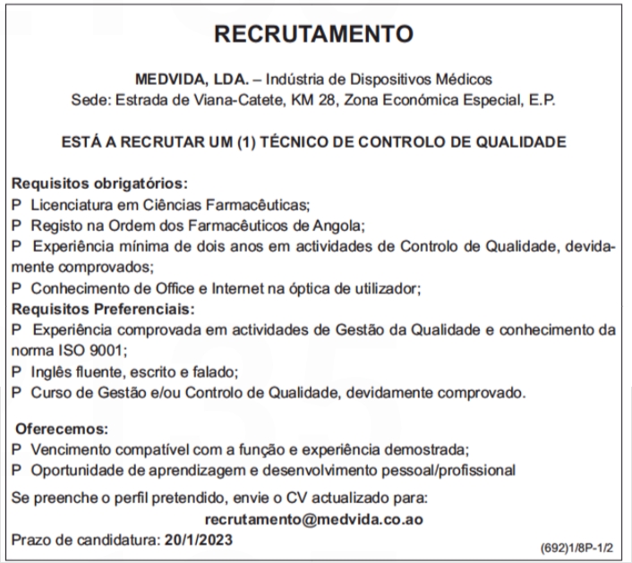RECRUTAMENTO PARA UM (1) TÉCNICO DE CONTROLO DE QUALIDADE