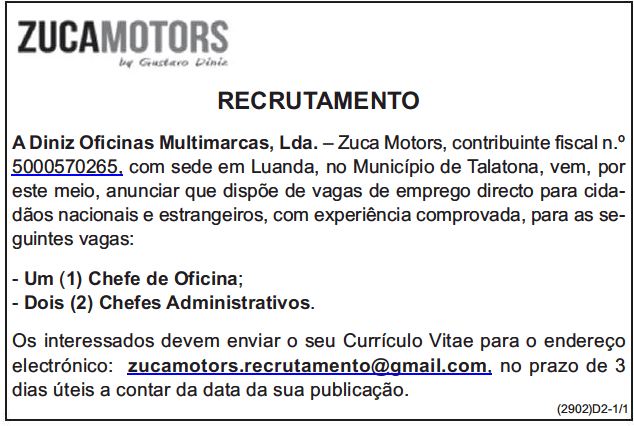 TRÊS (3) VAGAS DISPONÍVEIS NA ZUCA MOTORS