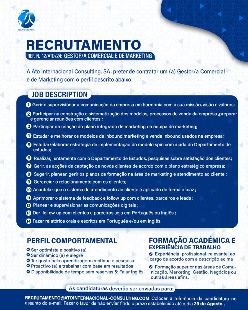 Vaga para Gestor/a Comercial e de Marketing