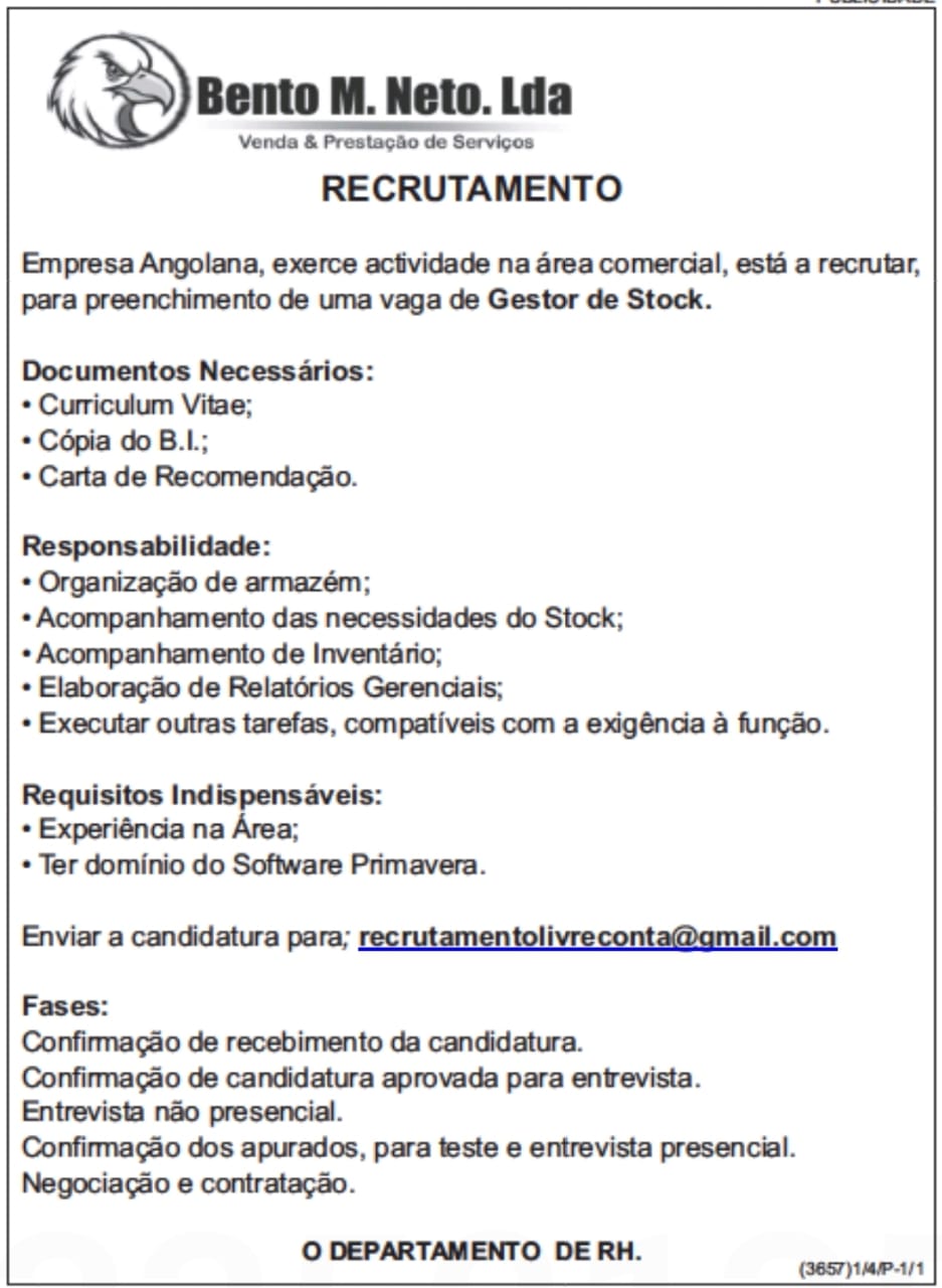 VAGA PARA UM (1) GESTOR DE STOCK 