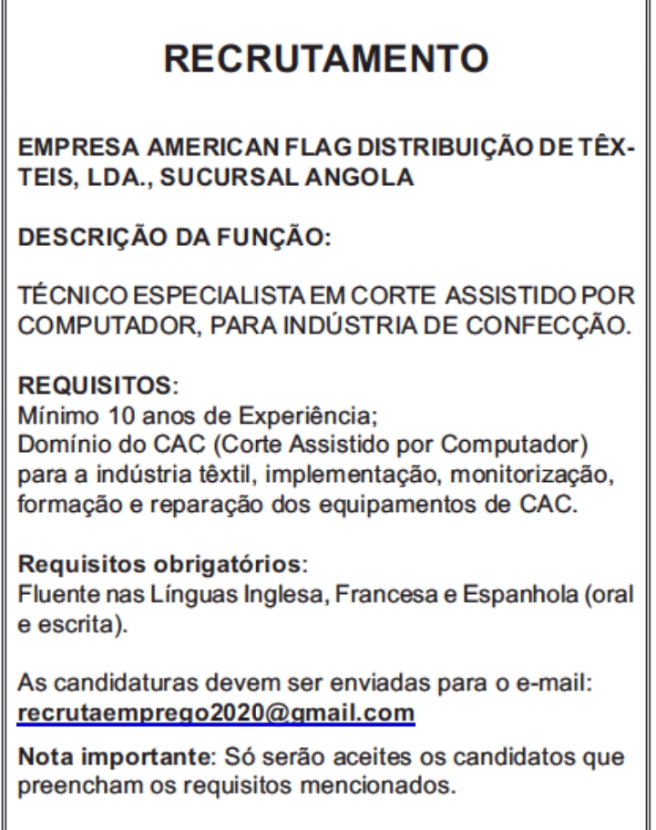 VAGA PARA TÉCNICO ESPECIALISTA EM CORTE
